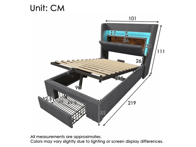  Lit capitonné, lit enfant 90x200 cm, rangement hydraulique, tête de lit avec rangement, led, usbusb-c, lin gris, matelas inclus  - Conforama C