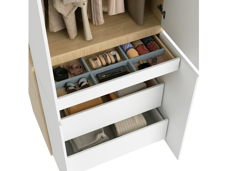  Armoire de rangement 4 portes blanche et bois clair 90 × 50 × 200 cm avec penderie et tiroir à bijoux  - Conforama D