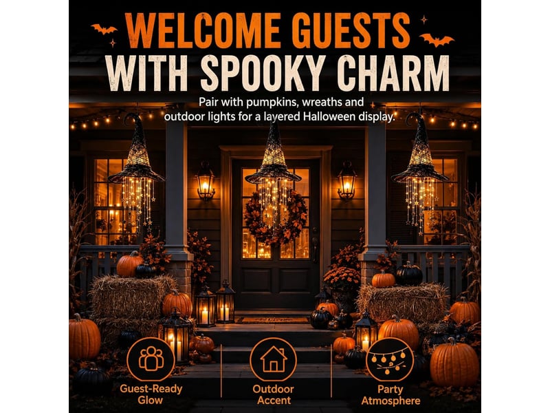 1 pièce décoration halloween suspendue, chapeau de sorcière lumineux led avec étoiles en cascade, pour porche, terrasse et entrée - Conforama B