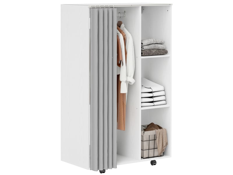  Porte-manteau à 4 roulettes, étagères ouvertes, tringle à vêtements, rideaux de placard, pour chambre, salon, couloir, blanc  - Conforama A