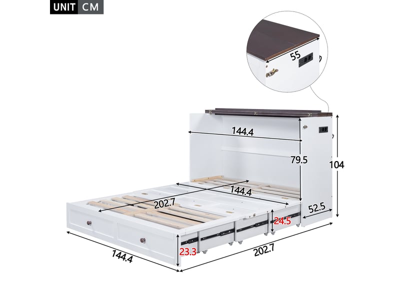  Lit adulte 140x200cm,lit escamotable,lit armoire convertible mobile avec 1 tiroir,étagère et prise usb,blanc lit adulte blanc - Conforama C