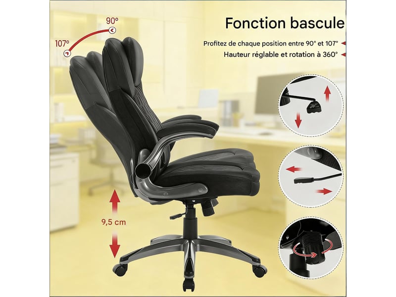  Fauteuil de bureau dossier haut accoudoirs rabattables pu et maille noir T5828P492762 - Conforama E