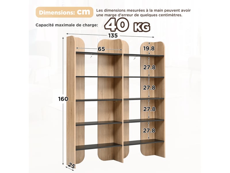  Bibliothèque ouverte 5 niveaux 135x25x160cm,grande capacité,étagère sur pied pour salon et bureau,panneau de particules,effet bois et noir  - Conforama C