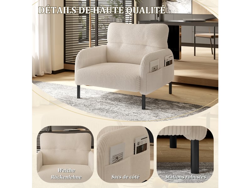 Fauteuil assise profonde 67x75x79 cm confort ergonomique poche latérale structure métal revêtement velours côtelé beige - Conforama E
