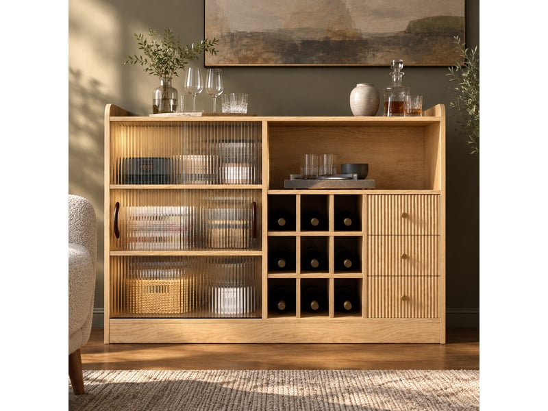  Buffet et enfilade avec 2 portes coulissantes en verre, 3 tiroirs, casier à vin, led, naturel, 120 × 30 × 85 cm  - Conforama B