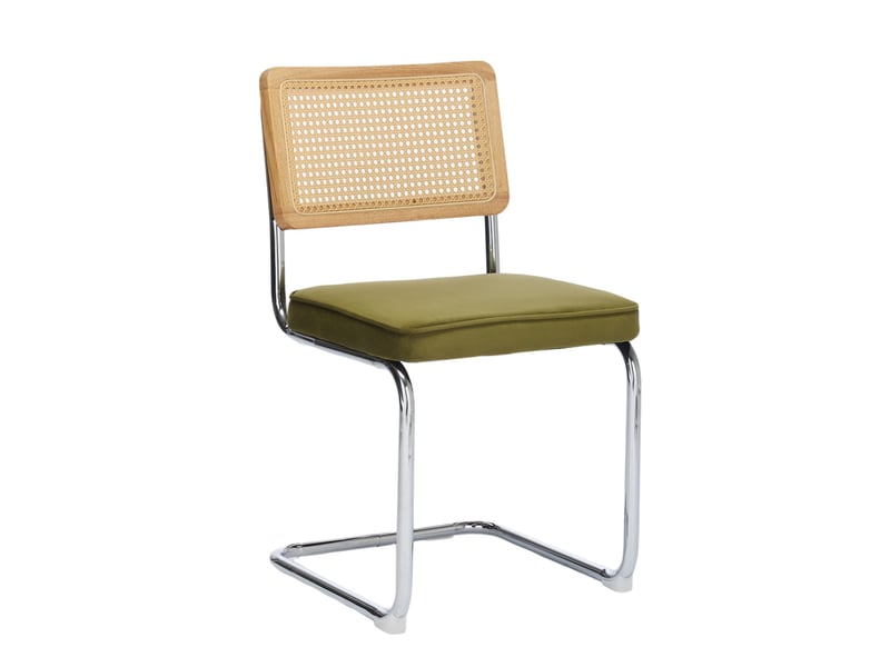 Lot de 2 chaises de salle à manger – velours vert, dossier rotin, base chrome - chaise idéales pour cuisine et salle à manger - style vintage - Conforama A