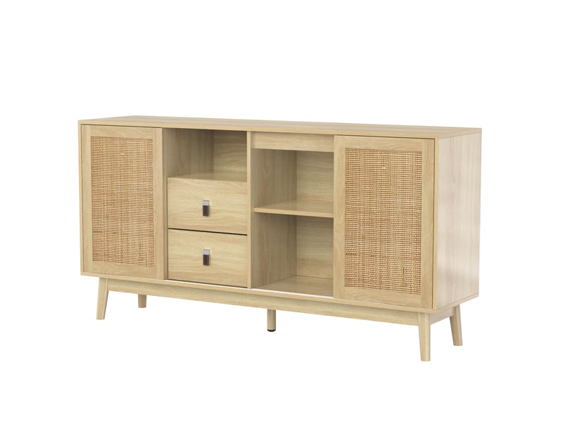  Buffet 155x38x80 cm bois, 3 portes coulissantes en rotin véritable, 2 tiroirs, rangement pour salon  - Conforama D