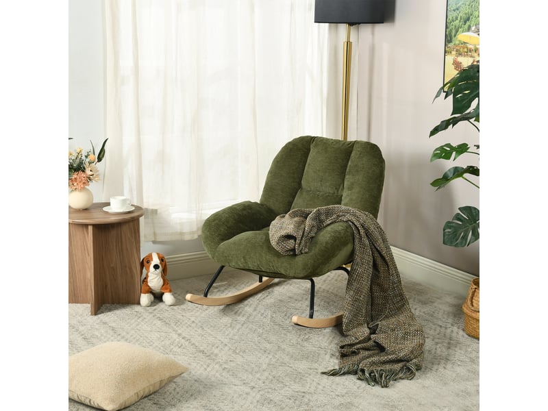 Fauteuil à bascule scandinave, rocking chair en tissu chenille, pieds en bois d’hévéa, vert  - Conforama B