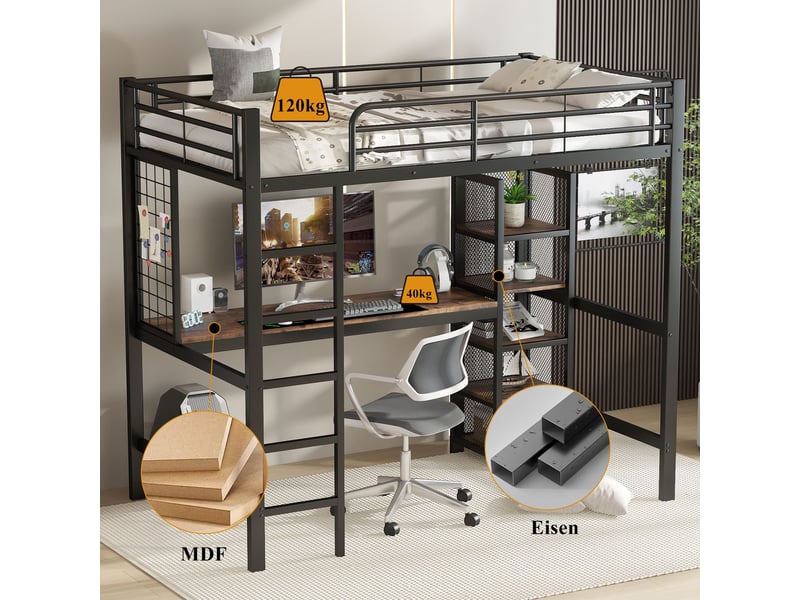  Lit mezzanine 90x200 cm avec bureau et rangements intégrés-échelle et garde-corps en métal-structure mdf et métal-noir  - Conforama E