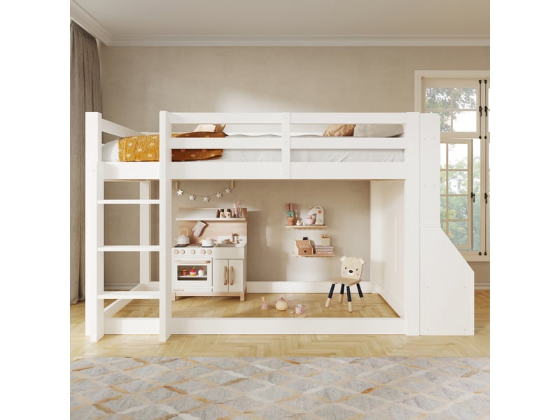  Lit mezzanine enfant 90 x 200 cm avec rangements, étagères ouvertes, coffres rabattables et led multicolore, bois et mdf - blanc OMNIGLINT TRADING LTD - Conforama C