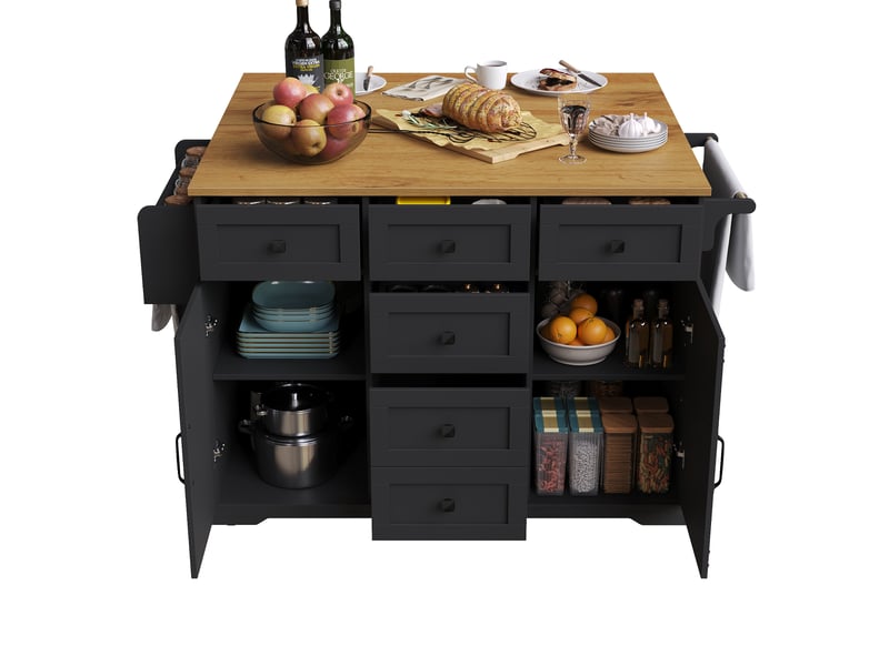  Desserte cuisine, îlot central sur roulettes avec plan de travail, plateau extensible, dimensions 147 x 44 x 93 cm, mdf, noir  - Conforama A