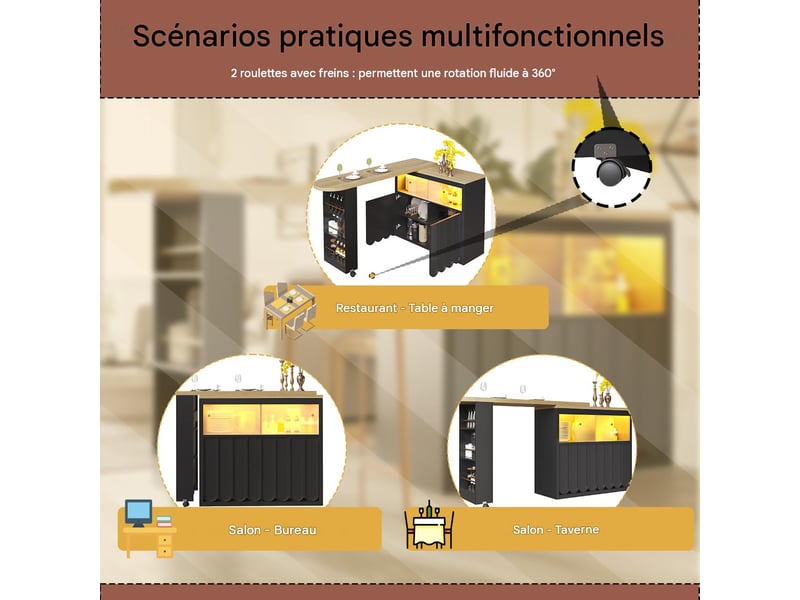  Table de bar extensible avec éclairage led et rangements 135-205x39x100 cm noir N620BZ251007B - Conforama E