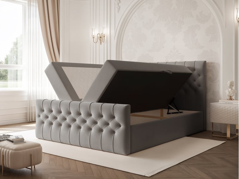  Lit adulte jolie - 160x200 cm - avec matelas à ressorts - coffre de rangement à ouverture latérale - gris clair JOLIE - Conforama D