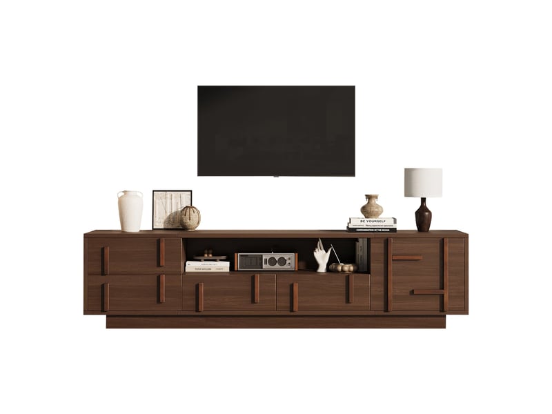  Meuble tv, 180 x 40 x 45 cm, meuble bas sur pieds avec 4 tiroirs, 1 compartiment fermé et 2 étagères ouvertes, finition noyer  - Conforama A