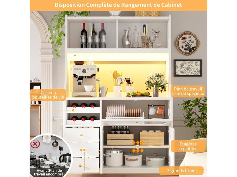  Buffet de cuisine haut blanc 120 cm avec led rgb, portes coulissantes en verre et range-bouteilles  - Conforama D