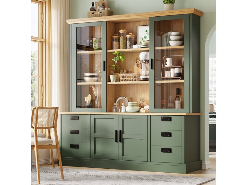  Buffet haut 140x40x185 cm vaisselier haut 2 portes vitrées, 6 tiroirs, 2 portes basses, étagères réglables, mdfmétal, vert foncé et effet bois  - Conforama D