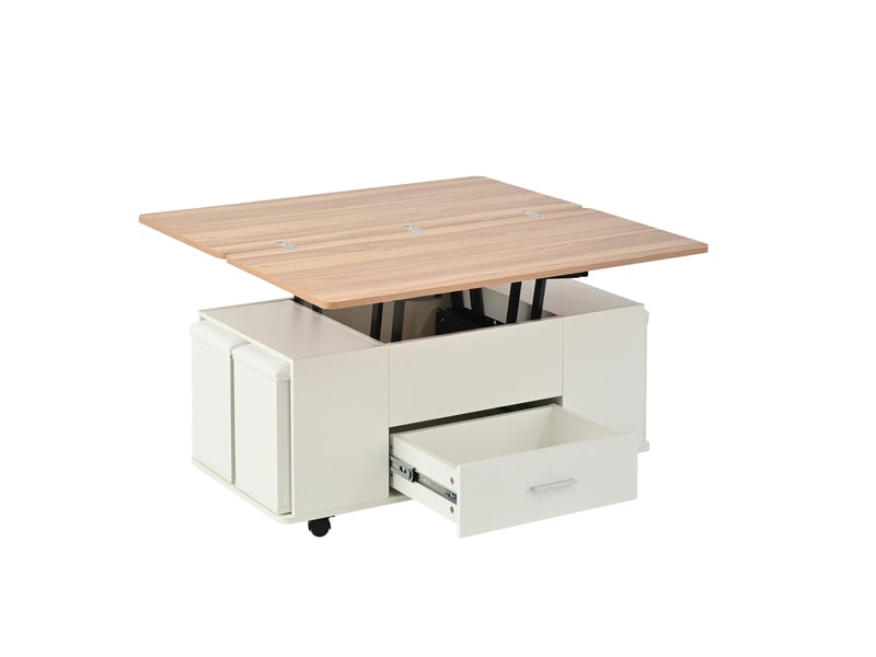 Table basse relevable avec 1 tiroir, 4 tabourets de rangement et roulettes, pour salon, en panneau de particules, blanc, 100×50×45 cm - uvrion - Conforama A