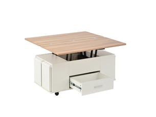 Table basse relevable avec 1 tiroir, 4 tabourets de rangement et roulettes, pour salon, en panneau de particules, blanc, 100×50×45 cm - uvrion