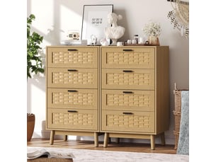 Commode 4 tiroirs effet rotin pvc - 55x40x95cm - meuble de rangement en chêne - pieds bois - naturel