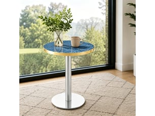 Table ronde,60x60x74 cm,avec piètement métal argenté,mdf,effet marbre bleu