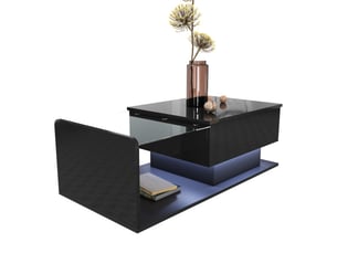 Table basse noire laquée, table d'appoint, table basse avec plateau en verre et éclairage led