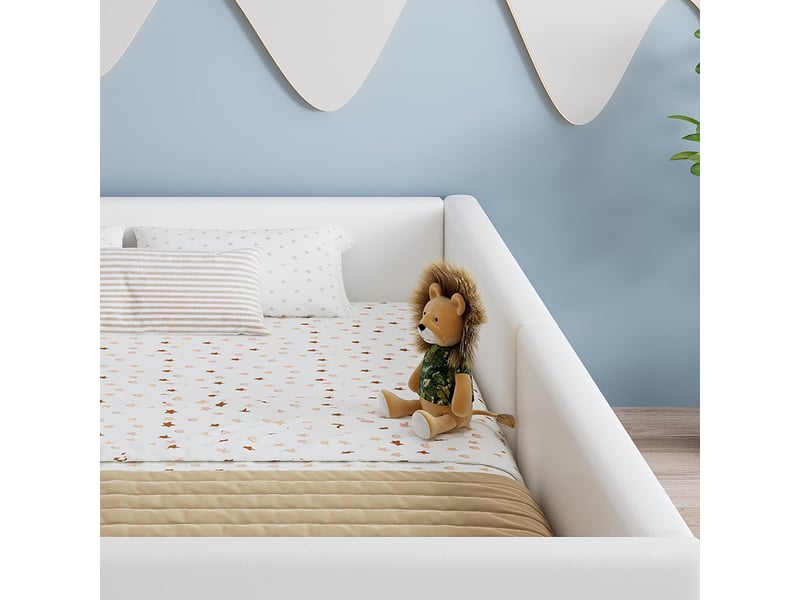 Lit d'enfant 140 x 200 cm, en pu, équipé de 3 poches de rangement pratiques, bords surpiqués, structure en pu et contreplaqué, blanc  - Conforama R