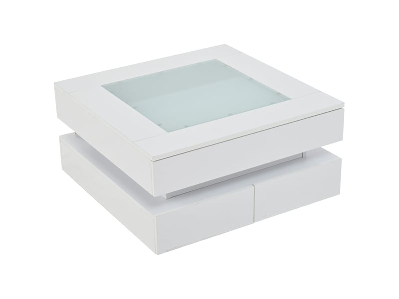 Table basse 3 tiroirs et led réglable par application, plateau en verre, carrée pour salon, blanche, 70 × 70 × 35 cm - Conforama A