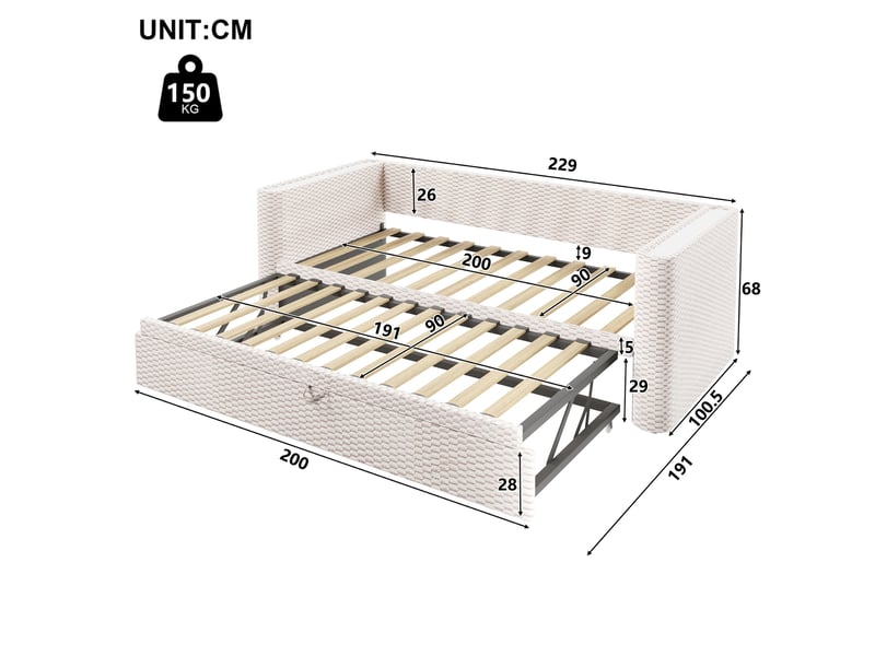  Lit de jour gigogne extensible 90x200 à 180x200 cm velours beige avec led  - Conforama C