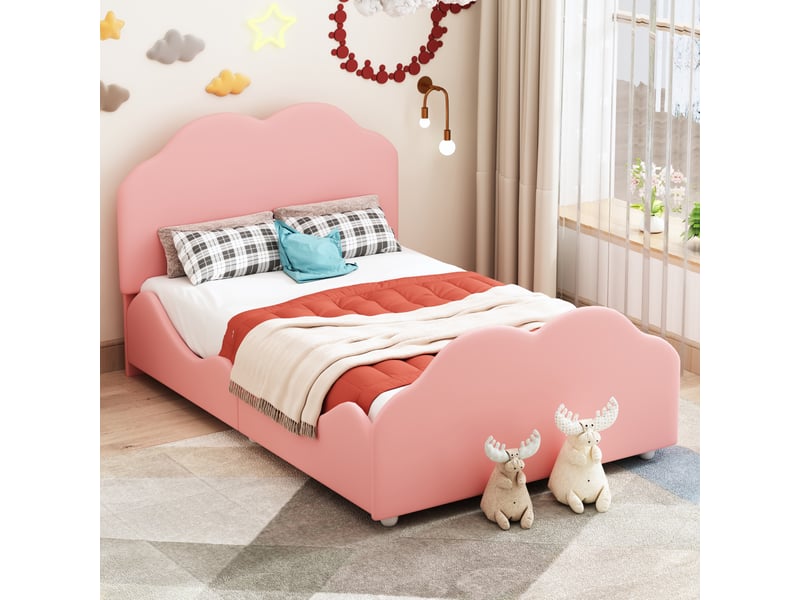  Lit enfant 90x200 forme nuage - velours rose avec barrière de sécurité - sommier inclus  - Conforama R