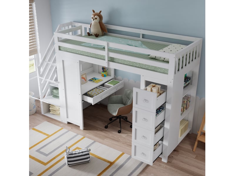 Lit mezzanine enfant 90x200 cm avec bureau, rangements et escalier blanc - Conforama D