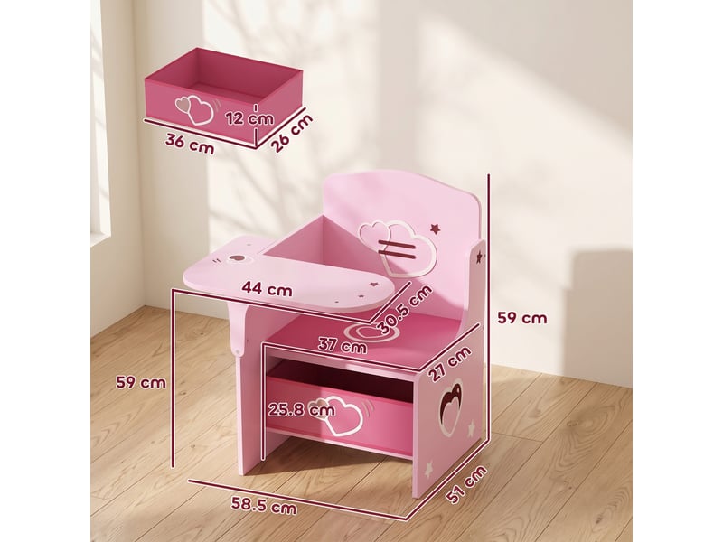  Ensemble table et chaises pour enfants de 3 à 5 ans, en mdf avec motifs de cœurs et rangement intégré, rose.  - Conforama D