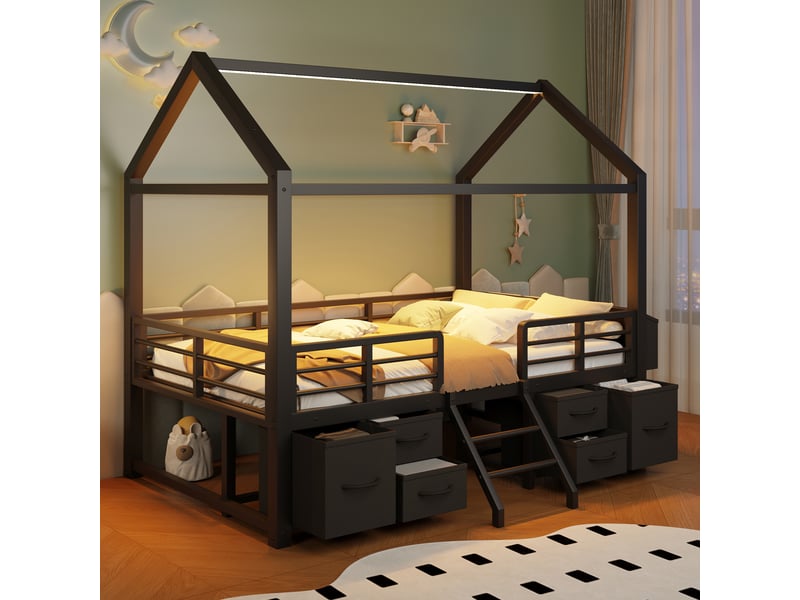  Lit mezzanine - 90x200 cm - tiroirs de rangement - éclairage led - structure métal - lit enfant - solution gain de place - noir CozyNest - Conforama C