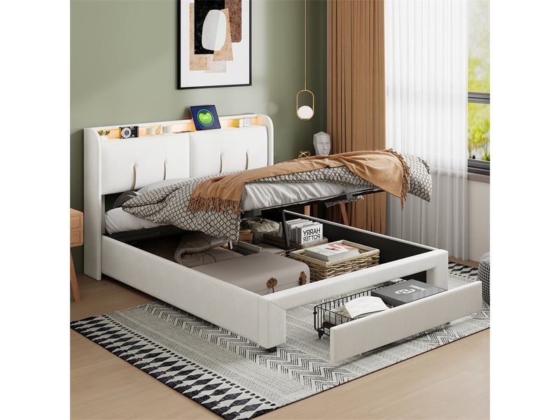  Lit 160x200cm - lit coffre 160x200cm - lit hydraulique avec rangement, tête de lit étagère, prises usb et led - velours beige  - Conforama C