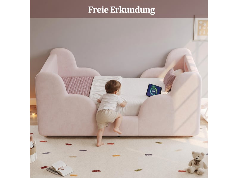  Lit coffre 90 x 200 cm, rembourré, barrière sécurité, veilleuse, port usb, pieds bois massif, velours, rose  - Conforama D