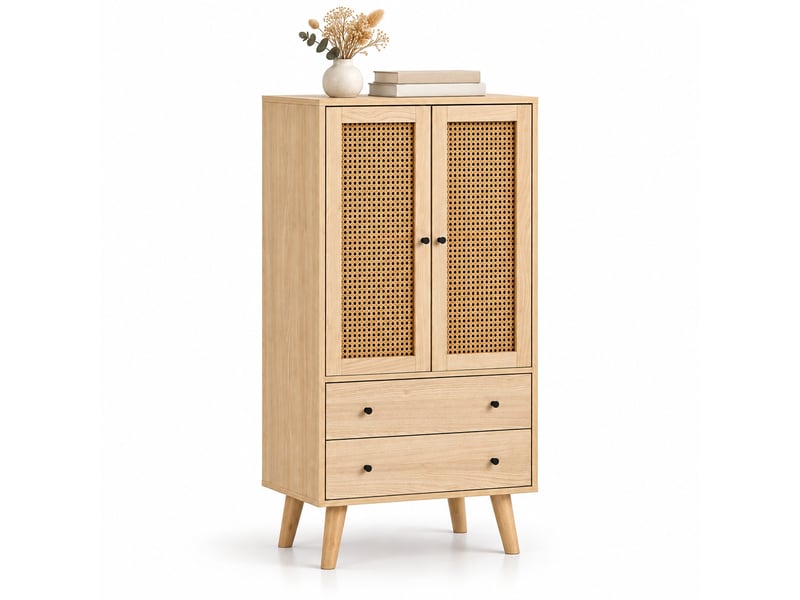  Buffet haut 60 x 40 x 120 cm, 2 portes et 2 tiroirs, rangement compact pour salon et salle à manger, aspect chêne  - Conforama A