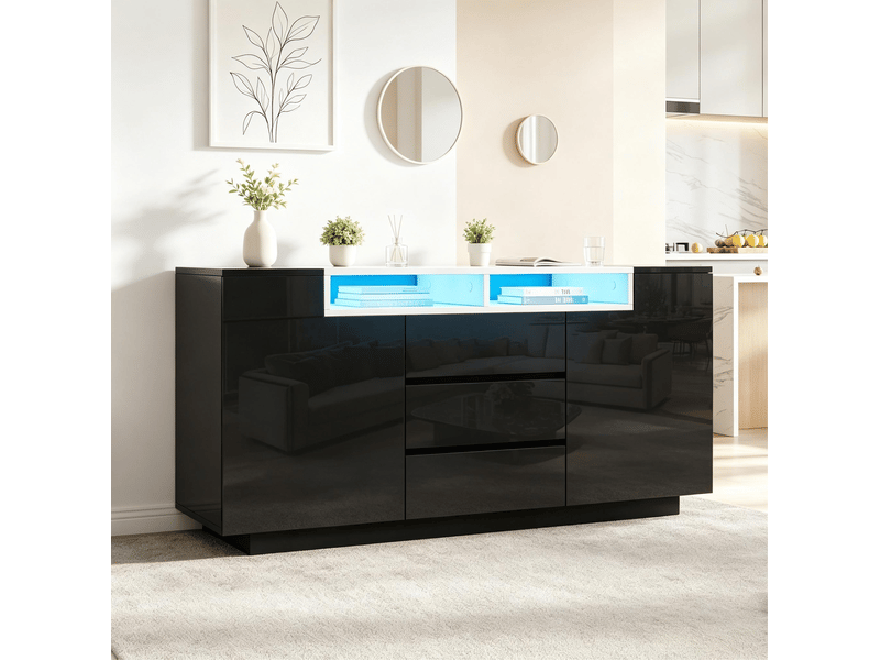  Buffet et enfilade avec 2 portes, 3 tiroirs, niches, séparateurs réglables et éclairage led, noir, 140 × 40 × 68 cm  - Conforama A