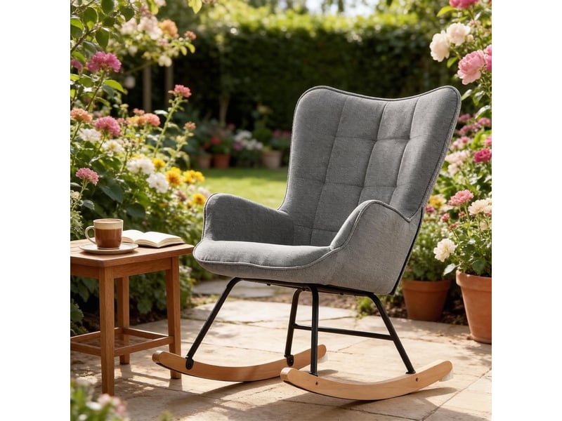  Fauteuil à bascule en velours gris foncé avec dossier haut, fauteuil relax ergonomique avec pieds en bois massif, 67.5x65x95 cm  - Conforama D