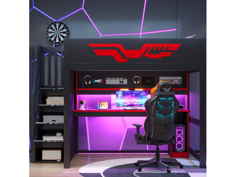  Lit mezzanine 140x200 cm avec bureau, rangements, led et port usb, noir et rouge  - Conforama D