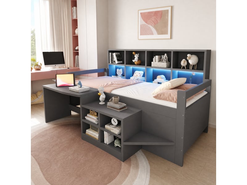 Lit combiné enfant 90 x 200 cm avec bureau, rangements, prises et éclairage led, blancgris - Conforama C