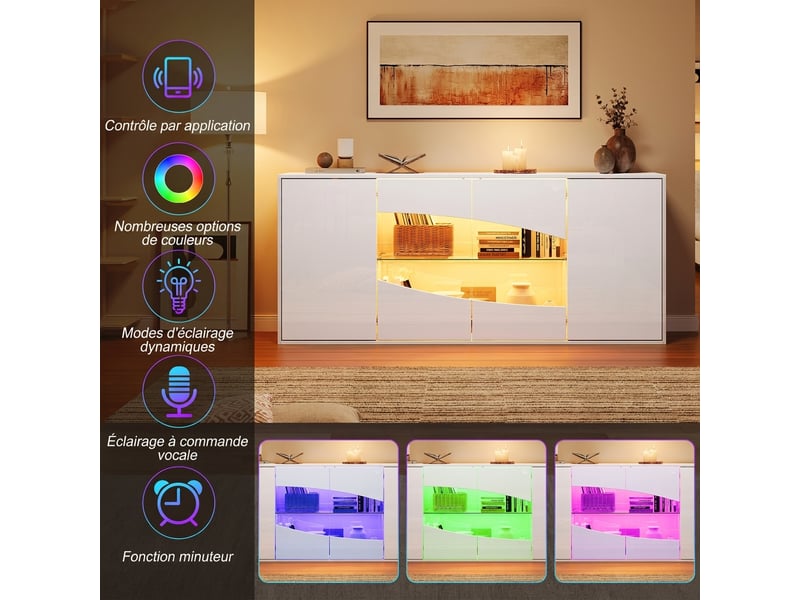  Buffet blanc laqué 160 cm avec éclairage led rgb, 4 portes dont 2 vitrées, 6 compartiments  - Conforama R