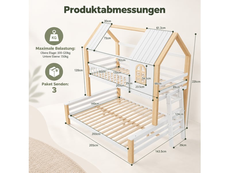 Lit superposé cabane 90x200 et 140x200 cm avec garde-corps, blanc et bois naturel - Conforama E