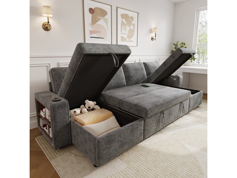  Canapé d’angle u convertible 4 places 270x125x86 cm, avec couchage, rangements, usbtype-c et tablettes, tissu chenille, gris Bubbly - Conforama C