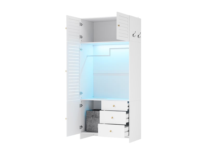  Armoire blanche avec panier à linge intégré, éclairage led, 3 tiroirs, 90x50x200 cm, panneaux de particules  - Conforama R