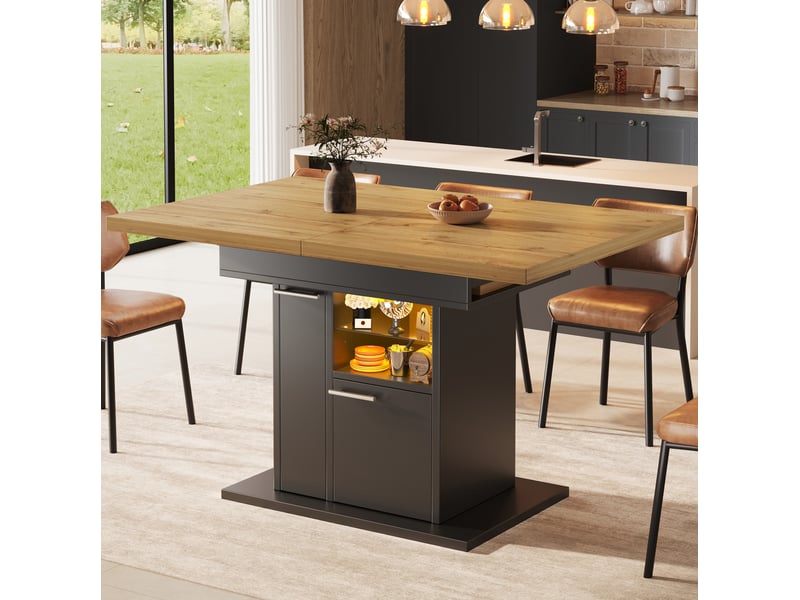  Table à manger extensible, 110-140x80x77,2 cm, avec espace de rangement led et tablettes, mdf et verre, coloris noir  - Conforama B