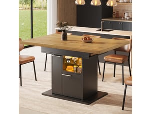 Table à manger extensible, 110-140x80x77,2 cm, avec espace de rangement led et tablettes, mdf et verre, coloris noir