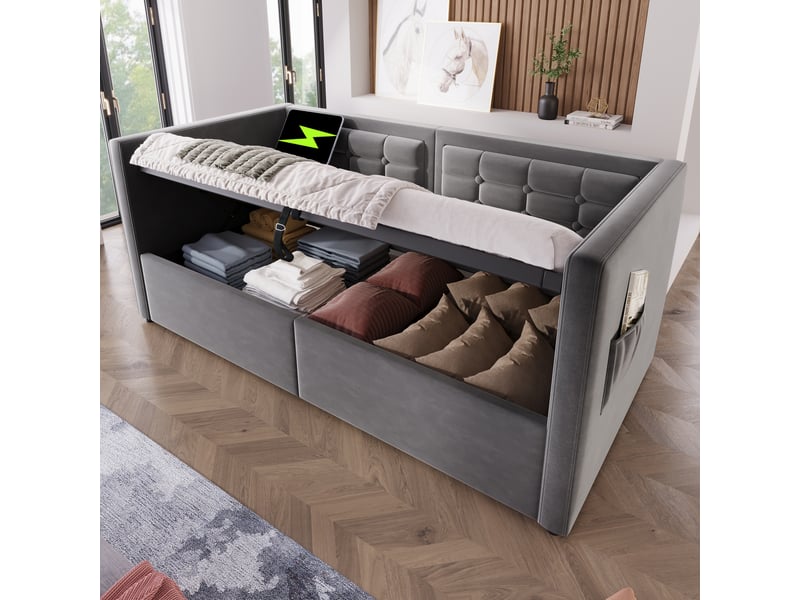  Canapé-lit 90 x 200 cm avec coffre hydraulique, usb et usb-c, velours gris  - Conforama B
