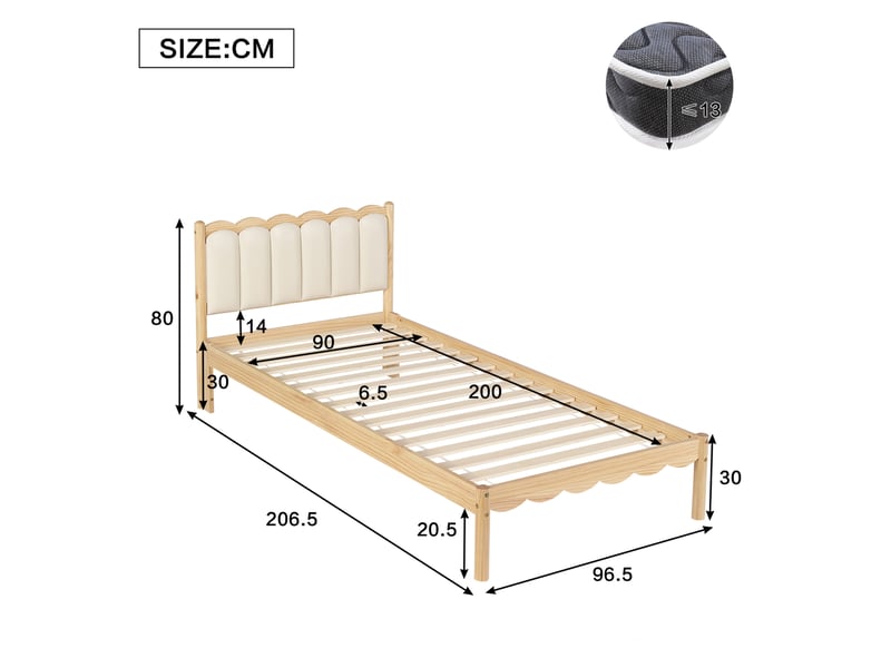  Lit enfant 90x200 cm avec tête de lit rembourrée en pu beige et bois naturel  - Conforama C