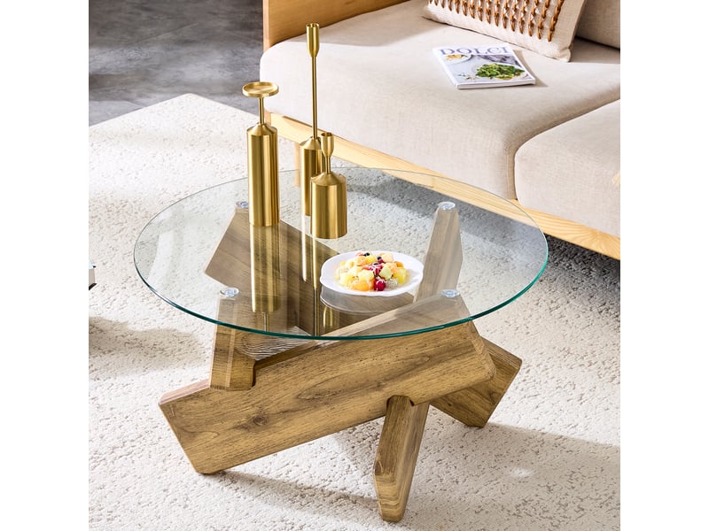  Table basse ronde avec plateau en verre et piètement croisé, pour salon, en mdf et verre, transparent et bois - uvrion  - Conforama C