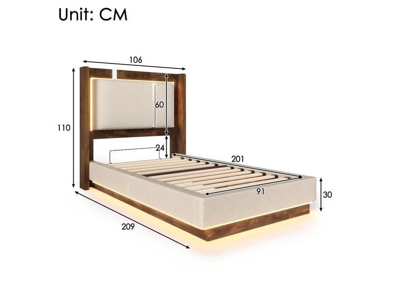  Lit coffre 90x200 cm éclairage led, en lin et bois beige et noyer  - Conforama E
