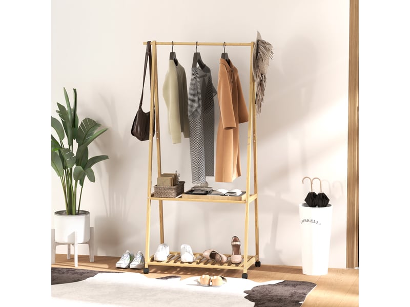  Portant à vêtements en bambou sur roulettes avec 2 étagères et 2 crochets, pour le couloir ou la chambre  - Conforama D